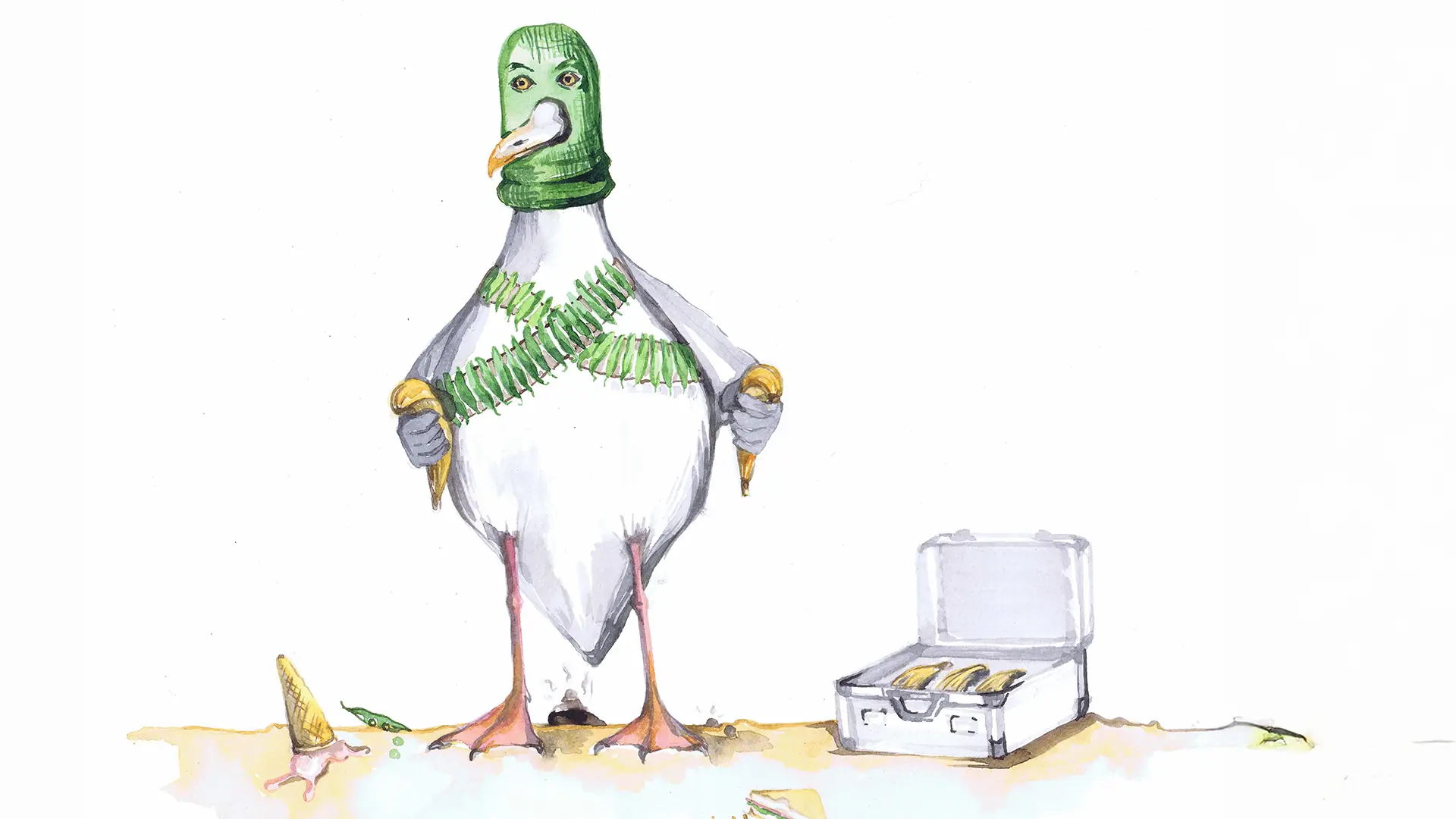 Free Folk donations page header image, featuring Sid the Seagull (Illustration by Rachel Cowell)